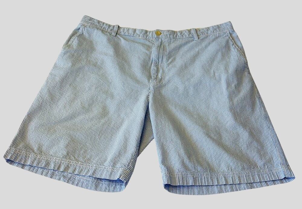 Izod Men's Seersucker Shorts Size 42 Light Blue Pinstriped Flat Front Preppy